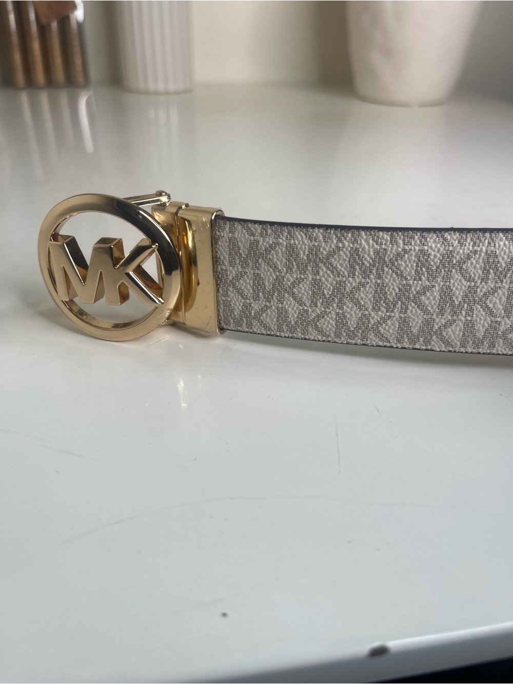 Tory Burch Beige Logo Monogram Belt with Gold Buckle